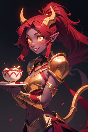 masterpiece, best quality, ultra-detailed, 1girl, mature face, draenei, breasts, ((long purple hair, wavy hair, ponytail)), medieval plate armor, chestplate, paldrons, cathedral background, volumetric lighting, intricate details, sharp focus, hyper detailed, perfect hands, (smiling), ((glowing eyes, gold eyes)), (colored skin, red skin:1.5), (horns, tail), 