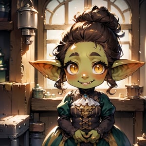 score_9, score_8_up, score_7_up, score_6_up, source_cartoon, rating_safe, highly detailed, goblin girl, adult, shortstack, curvy figure, plump, round face, Victorian steampunk clothes, brown hair, updo, yellow eyes, smile, blushing, in a workshop,