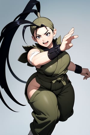 masterpiece, best quality, mature female, plump, martial artist monk, action pose, short black hair, thick eyebrows, tan skin, (bandages, hip vent, japanese clothes, ninja, Ibuki), action pose, excited, happy, ((dynamic angle)), dojo background, ((manga style illustration)),