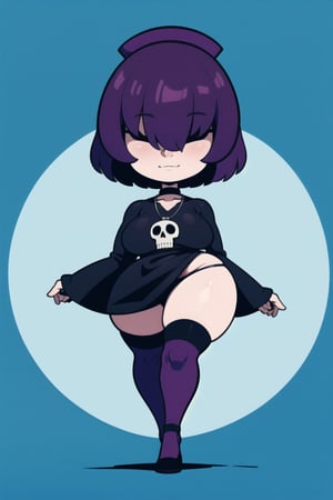 masterpiece, detailed, high quality, 4k, 1girl, solo, ((shortstack)), huge breasts, wide hips, thick thighs, short purple hair, (hair covering eyes,) smirk, goth clothing, revealing clothing, skindentation, GAgoth, black dress, skull necklace on chest, striped thighhighs, striped sleeves, full body, cut pose, splash art, Gaz, (shortstacks),hair over eyes