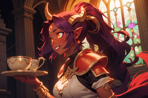 masterpiece, best quality, ultra-detailed, 1girl, mature face, draenei, breasts, ((long purple hair, wavy hair, ponytail)), medieval plate armor, chestplate, paldrons, cathedral background, volumetric lighting, intricate details, sharp focus, hyper detailed, perfect hands, (smiling), ((glowing eyes, gold eyes)), (colored skin, red skin:1.5), (horns, tail), side view,