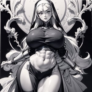a fantasy nun, ((knight armor)), revealing clothing, (milf, curvy figure, wide hips, gigantic breasts, thicc, thick arms, muscular), 2d fantasy ink illustration with an art nouveau background, EpicArt, (monochrome), milfication, contraposto, dynamic pose,