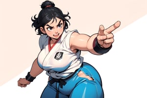 masterpiece, best quality, mature female, plump, martial artist monk, action pose, short black hair, thick eyebrows, tan skin, baggy pants, action pose, excited, happy, ((dynamic angle)), dojo background, ((manga style illustration)), monochome, sfr1v genderbend