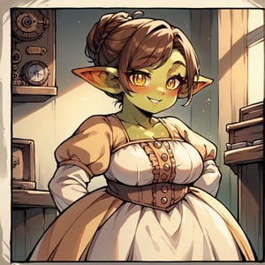 score_9, score_8_up, score_7_up, score_6_up, source_cartoon, rating_safe, highly detailed, goblin girl, adult, shortstack, curvy figure, plump, Victorian dress, steampunk, brown hair, updo, yellow eyes, smile, blushing, in a workshop, comic book