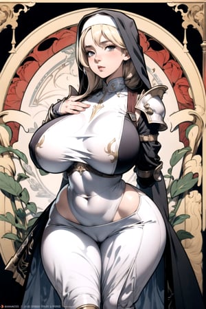 a fantasy nun, ((wearing heavy armor)), (curvy figure, wide hips, gigantic breasts, thicc, milf), 2d fantasy ink illustration with an art nouveau background, ,EpicArt,monochrome, milfication