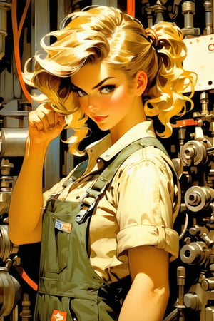 Anime artwork. strong female mechanic in overalls, painting, art by J.C. Leyendecker, anime style, key visual, vibrant, studio anime,  highly detailed,LaxpeintXL