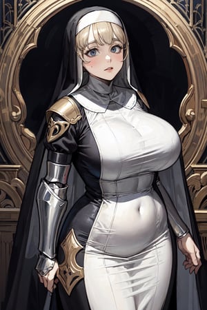 a ((heavyset fantasy nun wearing armor)), 2d fantasy illustration with an art nouveau background