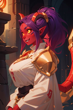 masterpiece, best quality, ultra-detailed, 1girl, mature face, draenei, (((colored skin, red skin:1.5))), muscular arms, ((purple hair)), (wavy hair, ponytail), golden medieval armor, chestplate, paldrons, priestess robes, paladin, cathedral background, volumetric lighting, intricate details, sharp focus, hyper detailed, perfect hands, (smiling, fangs), ((glowing eyes, gold eyes)), (gold horns), (tail), side view, (dynamic angle), ((black sclera))