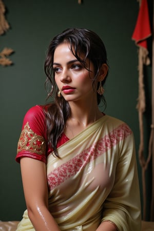 ((wet clothes, wet hair, wet face, wet skin, )), Raw photo of (18yo Kerala Beautiful young woman:1.1, (best quality, highres, ultra-detailed:1.2), This breathtaking photograph, shot on a Canon 1DX with a 50 mm f/2.8 lens, beautifully showcases the raw and authentic beauty of life. high resolution 8k image quality, vibrant colors, glowing dimond, glowing eyes, realistic Raw photo, realistic lighting, traditional wet  saree with embroidery design, wet full sleeve blouse with embroidery design, exotic beauty, mesmerizing eyes, girl ,Thrissur,Mallu,Saree,35mm photo.,Fetishwet,Wet,covered in oil,covered in mud,wam,wet clothes,wetlook, the girl is completely doused with transparent slimes,Wetfetish,Enhanced all