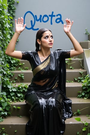 ((wet clothes, wet hair, wet face, wet skin, )), Raw photo,  a soaking wet woman dressed in a wet black  traditional cotton saree with matching wet blouse, sitting on a set of stairs. Her wet saree has golden motif design.   her hands are raised in the air. The woman's wet hair is pulled back in a ponytail, and she's looking up at the sky. The stairs she is sitting on are made of concrete, and the stairs are covered in green ivy leaves. The wall behind her is painted in a light gray color, and there is a blue "QUOTA" spray painted on the wall behind the woman..,Fetishwet,Wet,covered in oil,covered in mud,wam,wet clothes,wetlook, the girl is completely doused with transparent slimes,Wetfetish,Enhanced all