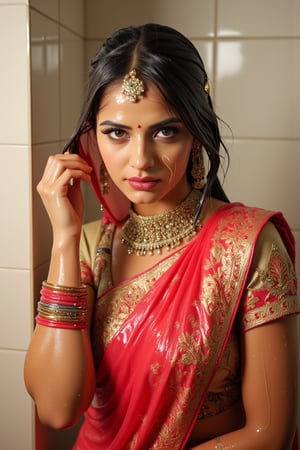 A wet soaked woman adorned in traditional very wet South Asian attire, possibly representing a bride or a bridesmaid. She is wearing a vibrant red saree with intricate gold embroidery and motifs. The saree is draped over her left shoulder, revealing a golden blouse underneath. She is accessorized with a multi-layered necklace, large earrings, and multiple bangles on her right wrist. A maang tikka, a traditional headpiece, rests on her forehead. The background is soft and blurred, emphasizing the woman as the central focus. Wet clothes clinging on her, wetness visible. Their clothes, hair, skin are completely soaking wet.  Their hair, clothes, and skin are completely wet, slimed with transparent gunge and both of their wet clothes cling to their skin. .. Shampoo in hair. Soap flowing through clothes. brown eyes, small earring in right ear, very long eyelashes, sensual lips, provocative but conservative expression. They are completely doused in water and transparent slime. her hair is fully slimed and gunjed.

.The soft light illuminates the left side of the frame, casting a flattering glow on her serene expression.,Fetishwet,Wet,covered in oil,covered in mud,wam,wet clothes,wetlook,, the girl is completely doused with transparent slimes, ((Wet clothes, wet skin, wet hair, slimed clothes, slimed hair, slimled skin),Enhanced all