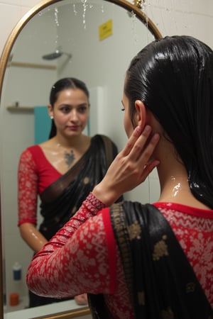 "Create an image featuring a tattooed, blonde-haired Caucasian wet women in her 20s with blue eyes and short hair, who has just stepped out of the shower. She is slightly out of focus in the background. In the foreground, her beautiful soaking wet Japanese girlfriend is completely in focus, looking at her reflection in a fogged-up mirror. She has a slender frame and shoulder-length wet black hair styled in a bob cut with side-parted bangs. She is wearing wet black saree with white traditional embroidary design, full sleeve red bouse with pattened design, her wet hair clinging to her neck, while the man's reflection is visible in the misty mirror behind her.",Wet,covered in oil,covered in mud,wam,wet clothes,pouring oil,wetlook,pouring oil