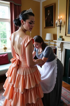 A photo of two soaking wet women in an opulent room with vintage decor. The wet woman on the left is wearing a wet voluminous, glossy peach-colored cotton gown with ruffles and a large wet bow at the back. She has her wet hair styled in an elaborate updo adorned with a tiara. The wet woman on the right is dressed in a wet, long, glossy grayish-blue cotton wet maid outfit with a wet white cotton apron and lace trim. She is bending down, seemingly adjusting or straightening the other woman's wet gown. The room has a window letting in natural light, and there are framed paintings on the walls. A plush carpet lies on the wooden floor, and the ambiance exudes a sense of luxury and elegance. Their hair, clothes, and skin are completely wet, and both of their wet clothes cling to their skin. They have shampoo in their hair, and suds are running down their bodies.. Shampoo in hair. Soap flowing through clothes. brown eyes, small earring in right ear, very long eyelashes, sensual lips, provocative but conservative expression. she is completely doused in water and transparent slime. her hair is fully slimed and gunjed.

.The soft light illuminates the left side of the frame, casting a flattering glow on her serene expression.,Fetishwet,Wet,covered in oil,covered in mud,wam,wet clothes,pouring oil,wetlook,pouring oil, the girl is completely doused with transparent slimes, ((Wet clothes, wet skin, wet hair, slimed clothes, slimed hair, slimled skin)