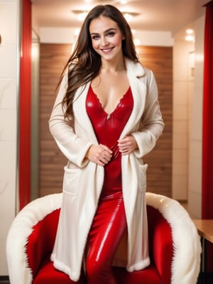 A young womenwith long, flowing hair sits in a chair, wearing a red dress and a white fur coat. She is smiling and looking at the camera, her eyes sparkling with joy,christmas, (( wet clothes, wet hair, wet, soaked, face focused, skin pores, soaked hair, wet dress cling to body, beautiiful wet women in long red dress and white fur coat:1.2)),soakingwetclothes,Victorian 