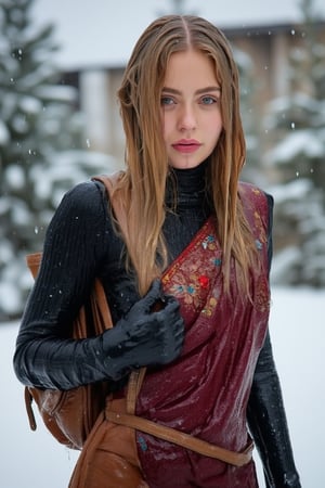 (wet clothes, wet hair, wet face, wet skin) ,

 Wet clothes. Wet hair, wet skin, slimy hair, slimy clothes


Captured at eye-level, a soaking wet blonde woman stands in a winter scene, her wet hair cascades over her shoulders. She is dressed in Wet traditional saree (embroidary design) is adorned with Colored gemstone paired with wet full sleeve bouse , a brown wet leather backpack, and wet black gloves. Her wet saree is adorned with a brown shawl, adding a touch of warmth to her wet outfit. The background is blurred, creating a stark contrast to the woman's wet outfit., 

4K, RAW, masterpiece, soakingwetclothes, high definition, luxury fashion photography, professional news studio atmosphere., Fetishwet,Enhanced all,Wetfetish