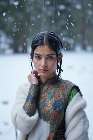 ((wet clothes, wet hair, wet face, wet skin, )), Raw photo of (18yo Kerala Beautiful young woman:1.1, (best quality, highres, ultra-detailed:1.2), This breathtaking photograph, shot on a Canon 1DX with a 50 mm f/2.8 lens, beautifully showcases the raw and authentic beauty of snow life, winter, snow. high resolution 8k image quality, vibrant colors, glowing dimond, glowing eyes, realistic Raw photo, realistic lighting, she wears a white long fur coat and underneath she wears traditional wet  saree with embroidery design paired with a dupatta elegantly draped on right shoulder, wet blouse with embroidery design, exotic beauty, mesmerizing eyes, girl ,Thrissur,Mallu,Saree,35mm photo.,Fetishwet,Wet,covered in oil,covered in mud,wam,wet clothes,wetlook, the girl is completely doused with transparent slimes,Wetfetish,Enhanced all