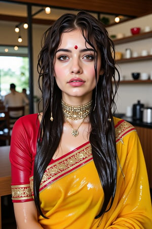 (wet clothes, wet hair, wet face, wet skin, wet curly hair) ,

 Wet clothes. Wet hair, wet skin, slimy hair, slimy clothes, wet saree


A hyperrealistic portrait of a beautiful  soaking wet Indian woman with long, wavy wet black hair in a coffee shop. The lady looks into the camera with a slightly open mouth and wears an Indian-style jeweled choker that hides her neck. She has striking brown almond-shaped eyes, framed by thick lashes, and radiant, flawless skin. Dressed in a wet soapy mustard-yellow silk saree with intricate gold embroidery, paired with a wet rich red blouse, she stands confidently in a poised fashion model stance. She also wears a matching shawl. She wears delicate gold jewelry and a traditional red bindi. The lighting is soft and natural, casting a warm glow and subtle shadows, enhancing her elegant attire. Shot in 8K, every detail is rendered with stunning clarity and depth.", "n": 1 award-winning photograph, by Boris Vallejo, Raphael, Caravaggio, Greg Rutkowski, Beeple, looking like Madhubala and Cleopatra. Beksinski, sun ray tracing, 8k, dslr, soft lighting, high quality, film grain, Fujifilm XT3 --ar 2:3 Negative Prompt: (long neck:2), (ugly face:0.8), cross-eyed, (worst quality:2), (low quality:2), (normal quality:2), lowres, normal quality, bad anatomy, tilted head, lowres, bad anatomy, bad hands, text, error, missing fingers, extra digit, fewer digits, missing fingers, missing arms, missing legs, extra digit, extra arms, low details, oversaturated, undersaturated, overexposed, underexposed, grayscale, bw, bad photo, bad photography, bad art:1.4), (watermark, signature, text font, username, error, logo, words, letters, digits, autograph, trademark

4K, RAW, masterpiece, soakingwetclothes, high definition, luxury fashion photography, professional news studio atmosphere., Fetishwet,Enhanced all,Wetfetish,covered in oil,covered in mud,wam,pouring oil,wetlook,pouring oil