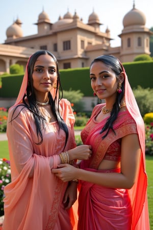 A photo of two beautiful soaking wet slimed Rajkumaries in a traditional Indian setting. Both of The wet Rajkumari is wearing different style wet  Rajasthani conservative bridal  saree with heavy embroidery paired with wet veils. They are standing in a lush garden with various flowers. The background contains a palace with intricate architecture and multiple domes. Their clothes, hair, skin are completely soaking wet.  Their hair, clothes, and skin are completely wet, slimed with transparent gunge and both of their wet clothes cling to their skin. .. Shampoo in hair. Soap flowing through clothes. brown eyes, small earring in right ear, very long eyelashes, sensual lips, provocative but conservative expression. They are completely doused in water and transparent slime. her hair is fully slimed and gunjed.

.The soft light illuminates the left side of the frame, casting a flattering glow on her serene expression.,Fetishwet,Wet,covered in oil,covered in mud,wam,wet clothes,pouring oil,wetlook,pouring oil, the girl is completely doused with transparent slimes, ((Wet clothes, wet skin, wet hair, slimed clothes, slimed hair, slimled skin)