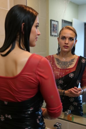 "Create an image featuring a tattooed, blonde-haired Caucasian wet women in her 20s with blue eyes and short hair, who has just stepped out of the shower wearing a beautiful indian saree and blouse. She is slightly out of focus in the background. In the foreground, her beautiful soaking wet Japanese girlfriend is completely in focus, looking at her reflection in a fogged-up mirror. She has a slender frame and shoulder-length wet black hair styled in a bob cut with side-parted bangs. She is wearing wet black saree with white traditional embroidary design, full sleeve red bouse with pattened design, her wet hair clinging to her neck, while the man's reflection is visible in the misty mirror behind her.",Wet,covered in oil,covered in mud,wam,wet clothes,pouring oil,wetlook,pouring oil,Fetishwet