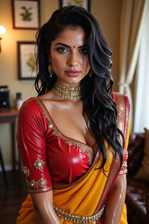 (wet clothes, wet hair, wet face, wet skin, wet curly hair) ,

 Wet clothes. Wet hair, wet skin, slimy hair, slimy clothes, wet saree


A hyperrealistic portrait of a beautiful  soaking wet Indian woman with long, wavy wet black hair in a coffee shop. The lady looks into the camera with a slightly open mouth and wears an Indian-style jeweled choker that hides her neck. She has striking brown almond-shaped eyes, framed by thick lashes, and radiant, flawless skin. Dressed in a wet soapy  silk saree with intricate gold embroidery, paired with a wet rich  blouse, she stands confidently in a poised fashion model stance. She also wears a matching shawl. She wears delicate gold jewelry and a traditional red bindi. The lighting is soft and natural, casting a warm glow and subtle shadows, enhancing her elegant attire. Shot in 8K, every detail is rendered with stunning clarity and depth.", "n": 1 award-winning photograph, by Boris Vallejo, Raphael, Caravaggio, Greg Rutkowski, Beeple, looking like Madhubala and Cleopatra. Beksinski, sun ray tracing, 8k, dslr, soft lighting, high quality, film grain, Fujifilm XT3 --ar 2:3 Negative Prompt: (long neck:2), (ugly face:0.8), cross-eyed, (worst quality:2), (low quality:2), (normal quality:2), lowres, normal quality, bad anatomy, tilted head, lowres, bad anatomy, bad hands, text, error, missing fingers, extra digit, fewer digits, missing fingers, missing arms, missing legs, extra digit, extra arms, low details, oversaturated, undersaturated, overexposed, underexposed, grayscale, bw, bad photo, bad photography, bad art:1.4), (watermark, signature, text font, username, error, logo, words, letters, digits, autograph, trademark

4K, RAW, masterpiece, soakingwetclothes, high definition, luxury fashion photography, professional news studio atmosphere., Fetishwet,Enhanced all,Wetfetish,covered in oil,covered in mud,wam,pouring oil,wetlook,pouring oil