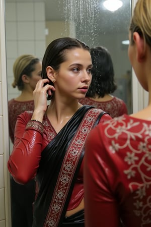 "Create an image featuring a tattooed, blonde-haired Caucasian wet women in her 20s with blue eyes and short hair, who has just stepped out of the shower. She is slightly out of focus in the background. In the foreground, her beautiful soaking wet Japanese girlfriend is completely in focus, looking at her reflection in a fogged-up mirror. She has a slender frame and shoulder-length wet black hair styled in a bob cut with side-parted bangs. She is wearing wet black saree with white traditional embroidary design, full sleeve red bouse with pattened design, her wet hair clinging to her neck, while the man's reflection is visible in the misty mirror behind her.",Wet,covered in oil,covered in mud,wam,wet clothes,pouring oil,wetlook,pouring oil,Fetishwet