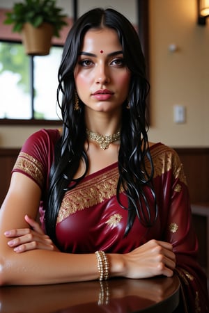 (wet clothes, wet hair, wet face, wet skin, wet curly hair) ,

 Wet clothes. Wet hair, wet skin, slimy hair, slimy clothes, wet saree


A hyperrealistic portrait of a beautiful  soaking wet Indian woman with long, wavy wet black hair in a coffee shop. The lady looks into the camera with a slightly open mouth and wears an Indian-style jeweled choker that hides her neck. She has striking brown almond-shaped eyes, framed by thick lashes, and radiant, flawless skin. Dressed in a wet soapy  silk saree with intricate gold embroidery, paired with a wet rich  blouse, she stands confidently in a poised fashion model stance. She also wears a matching shawl. She wears delicate gold jewelry and a traditional red bindi. The lighting is soft and natural, casting a warm glow and subtle shadows, enhancing her elegant attire. Shot in 8K, every detail is rendered with stunning clarity and depth.", "n": 1 award-winning photograph, by Boris Vallejo, Raphael, Caravaggio, Greg Rutkowski, Beeple, looking like Madhubala and Cleopatra. Beksinski, sun ray tracing, 8k, dslr, soft lighting, high quality, film grain, Fujifilm XT3 --ar 2:3 Negative Prompt: (long neck:2), (ugly face:0.8), cross-eyed, (worst quality:2), (low quality:2), (normal quality:2), lowres, normal quality, bad anatomy, tilted head, lowres, bad anatomy, bad hands, text, error, missing fingers, extra digit, fewer digits, missing fingers, missing arms, missing legs, extra digit, extra arms, low details, oversaturated, undersaturated, overexposed, underexposed, grayscale, bw, bad photo, bad photography, bad art:1.4), (watermark, signature, text font, username, error, logo, words, letters, digits, autograph, trademark

4K, RAW, masterpiece, soakingwetclothes, high definition, luxury fashion photography, professional news studio atmosphere., Fetishwet,Enhanced all,Wetfetish,covered in oil,covered in mud,wam,pouring oil,wetlook,pouring oil