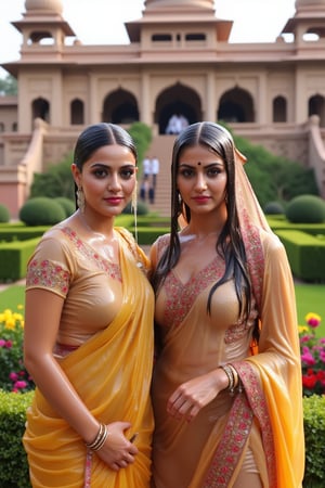 A photo of two beautiful soaking wet slimed Rajkumaries in a traditional Indian setting. Both of The wet Rajkumari is wearing different style wet  Rajasthani conservative bridal  saree with heavy embroidery paired with wet veils. They are standing in a lush garden with various flowers. The background contains a palace with intricate architecture and multiple domes. Their clothes, hair, skin are completely soaking wet.  Their hair, clothes, and skin are completely wet, slimed with transparent gunge and both of their wet clothes cling to their skin. .. Shampoo in hair. Soap flowing through clothes. brown eyes, small earring in right ear, very long eyelashes, sensual lips, provocative but conservative expression. They are completely doused in water and transparent slime. her hair is fully slimed and gunjed.

.The soft light illuminates the left side of the frame, casting a flattering glow on her serene expression.,Fetishwet,Wet,covered in oil,covered in mud,wam,wet clothes,pouring oil,wetlook,pouring oil, the girl is completely doused with transparent slimes, ((Wet clothes, wet skin, wet hair, slimed clothes, slimed hair, slimled skin)