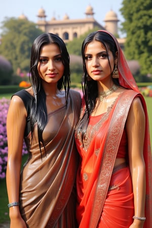 A photo of two beautiful soaking wet slimed Rajkumaries in a traditional Indian setting. Both of The wet Rajkumari is wearing different style wet  Rajasthani conservative bridal  saree with heavy embroidery paired with wet veils. They are standing in a lush garden with various flowers. The background contains a palace with intricate architecture and multiple domes. Their clothes, hair, skin are completely soaking wet.  Their hair, clothes, and skin are completely wet, slimed with transparent gunge and both of their wet clothes cling to their skin. .. Shampoo in hair. Soap flowing through clothes. brown eyes, small earring in right ear, very long eyelashes, sensual lips, provocative but conservative expression. They are completely doused in water and transparent slime. her hair is fully slimed and gunjed.

.The soft light illuminates the left side of the frame, casting a flattering glow on her serene expression.,Fetishwet,Wet,covered in oil,covered in mud,wam,wet clothes,pouring oil,wetlook,pouring oil, the girl is completely doused with transparent slimes, ((Wet clothes, wet skin, wet hair, slimed clothes, slimed hair, slimled skin)