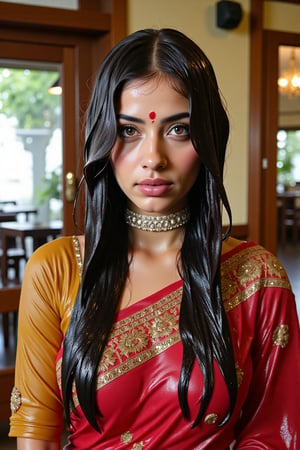 (wet clothes, wet hair, wet face, wet skin, wet curly hair) ,

 Wet clothes. Wet hair, wet skin, slimy hair, slimy clothes, wet saree


A hyperrealistic portrait of a beautiful  soaking wet Indian woman with long, wavy wet black hair in a coffee shop. The lady looks into the camera with a slightly open mouth and wears an Indian-style jeweled choker that hides her neck. She has striking brown almond-shaped eyes, framed by thick lashes, and radiant, flawless skin. Dressed in a wet soapy  silk saree with intricate gold embroidery, paired with a wet rich  blouse, she stands confidently in a poised fashion model stance. She also wears a matching shawl. She wears delicate gold jewelry and a traditional red bindi. The lighting is soft and natural, casting a warm glow and subtle shadows, enhancing her elegant attire. Shot in 8K, every detail is rendered with stunning clarity and depth.", "n": 1 award-winning photograph, by Boris Vallejo, Raphael, Caravaggio, Greg Rutkowski, Beeple, looking like Madhubala and Cleopatra. Beksinski, sun ray tracing, 8k, dslr, soft lighting, high quality, film grain, Fujifilm XT3 --ar 2:3 Negative Prompt: (long neck:2), (ugly face:0.8), cross-eyed, (worst quality:2), (low quality:2), (normal quality:2), lowres, normal quality, bad anatomy, tilted head, lowres, bad anatomy, bad hands, text, error, missing fingers, extra digit, fewer digits, missing fingers, missing arms, missing legs, extra digit, extra arms, low details, oversaturated, undersaturated, overexposed, underexposed, grayscale, bw, bad photo, bad photography, bad art:1.4), (watermark, signature, text font, username, error, logo, words, letters, digits, autograph, trademark

4K, RAW, masterpiece, soakingwetclothes, high definition, luxury fashion photography, professional news studio atmosphere., Fetishwet,Enhanced all,Wetfetish,covered in oil,covered in mud,wam,pouring oil,wetlook,pouring oil