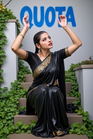 ((wet clothes, wet hair, wet face, wet skin, )), Raw photo,  a soaking wet woman dressed in a wet black  traditional cotton saree with matching wet blouse, sitting on a set of stairs. Her wet saree has golden motif design.   her hands are raised in the air. The woman's wet hair is pulled back in a ponytail, and she's looking up at the sky. The stairs she is sitting on are made of concrete, and the stairs are covered in green ivy leaves. The wall behind her is painted in a light gray color, and there is a blue "QUOTA" spray painted on the wall behind the woman..,Fetishwet,Wet,covered in oil,covered in mud,wam,wet clothes,wetlook, the girl is completely doused with transparent slimes,Wetfetish,Enhanced all