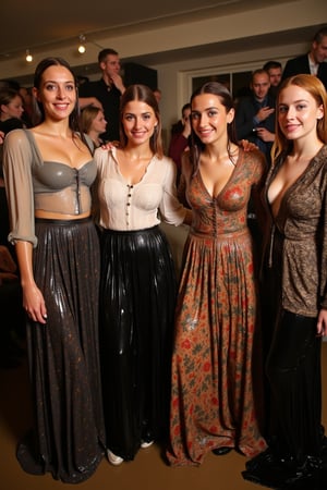 An image of Four beautiful soaking wet slimy greek elegantly fashionable wet women in wet victorian longskirt attire in a fashion show, All of them are wearing highly fashionable  wet longskirt with richly patterned intricate motifs and wet full-sleeve cotton blouses paired with embroidery shawls. Their wet clothes clinging to their bodies. The wet blouses are shining with moisture, creating a glistening effect. The scene is illuminated by the soft, warm light, highlighting the water droplets on their skin. The composition captures their relaxed poses, with the water flowing down their forms, creating a sensual and intimate atmosphere, adding to the ambiance. They are fully doused with transparent slime.  completely wet and slimy, VNS_Add more details,Wet,covered in oil,covered in mud,wam,wet clothes, ,wetlook,,Fetishwet, her dress covered with slime, her skin and hair covered in slime. ((Wet clothes, wet skin, wet hair, slimed clothes, slimed hair, slimled skin)