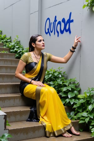 ((wet clothes, wet hair, wet face, wet skin, )), Raw photo,  a soaking wet woman dressed in a wet black and yellow traditional cotton saree with matching wet blouse, sitting on a set of stairs. She is pointing to the left side of the image, her right hand is raised in the air. The woman's wet hair is pulled back in a ponytail, and she's looking up at the sky. The stairs she is sitting on are made of concrete, and the stairs are covered in green ivy leaves. The wall behind her is painted in a light gray color, and there is a blue "QUOTA" spray painted on the wall behind the woman..,Fetishwet,Wet,covered in oil,covered in mud,wam,wet clothes,wetlook, the girl is completely doused with transparent slimes,Wetfetish,Enhanced all