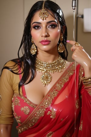 A wet soaked woman adorned in traditional very wet South Asian attire, possibly representing a bride or a bridesmaid. She is wearing a vibrant red saree with intricate gold embroidery and motifs. The saree is draped over her left shoulder, revealing a golden blouse underneath. She is accessorized with a multi-layered necklace, large earrings, and multiple bangles on her right wrist. A maang tikka, a traditional headpiece, rests on her forehead. The background is soft and blurred, emphasizing the woman as the central focus. Wet clothes clinging on her, wetness visible. Their clothes, hair, skin are completely soaking wet.  Their hair, clothes, and skin are completely wet, slimed with transparent gunge and both of their wet clothes cling to their skin. .. Shampoo in hair. Soap flowing through clothes. brown eyes, small earring in right ear, very long eyelashes, sensual lips, provocative but conservative expression. They are completely doused in water and transparent slime. her hair is fully slimed and gunjed.

.The soft light illuminates the left side of the frame, casting a flattering glow on her serene expression.,Fetishwet,Wet,covered in oil,covered in mud,wam,wet clothes,pouring oil,wetlook,pouring oil, the girl is completely doused with transparent slimes, ((Wet clothes, wet skin, wet hair, slimed clothes, slimed hair, slimled skin),Enhanced all