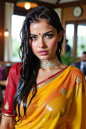 (wet clothes, wet hair, wet face, wet skin, wet curly hair) ,

 Wet clothes. Wet hair, wet skin, slimy hair, slimy clothes, wet saree


A hyperrealistic portrait of a beautiful  soaking wet Indian woman with long, wavy wet black hair in a coffee shop. The lady looks into the camera with a slightly open mouth and wears an Indian-style jeweled choker that hides her neck. She has striking brown almond-shaped eyes, framed by thick lashes, and radiant, flawless skin. Dressed in a wet soapy mustard-yellow silk saree with intricate gold embroidery, paired with a wet rich red blouse, she stands confidently in a poised fashion model stance. She also wears a matching shawl. She wears delicate gold jewelry and a traditional red bindi. The lighting is soft and natural, casting a warm glow and subtle shadows, enhancing her elegant attire. Shot in 8K, every detail is rendered with stunning clarity and depth.", "n": 1 award-winning photograph, by Boris Vallejo, Raphael, Caravaggio, Greg Rutkowski, Beeple, looking like Madhubala and Cleopatra. Beksinski, sun ray tracing, 8k, dslr, soft lighting, high quality, film grain, Fujifilm XT3 --ar 2:3 Negative Prompt: (long neck:2), (ugly face:0.8), cross-eyed, (worst quality:2), (low quality:2), (normal quality:2), lowres, normal quality, bad anatomy, tilted head, lowres, bad anatomy, bad hands, text, error, missing fingers, extra digit, fewer digits, missing fingers, missing arms, missing legs, extra digit, extra arms, low details, oversaturated, undersaturated, overexposed, underexposed, grayscale, bw, bad photo, bad photography, bad art:1.4), (watermark, signature, text font, username, error, logo, words, letters, digits, autograph, trademark

4K, RAW, masterpiece, soakingwetclothes, high definition, luxury fashion photography, professional news studio atmosphere., Fetishwet,Enhanced all,Wetfetish,covered in oil,covered in mud,wam,pouring oil,wetlook,pouring oil