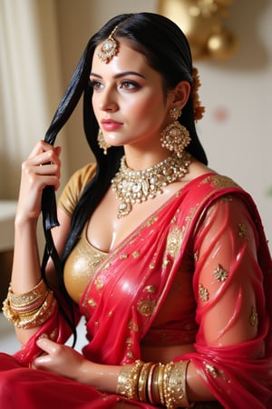 A wet soaked woman adorned in traditional very wet South Asian attire, possibly representing a bride or a bridesmaid. She is wearing a vibrant red saree with intricate gold embroidery and motifs. The saree is draped over her left shoulder, revealing a golden blouse underneath. She is accessorized with a multi-layered necklace, large earrings, and multiple bangles on her right wrist. A maang tikka, a traditional headpiece, rests on her forehead. The background is soft and blurred, emphasizing the woman as the central focus. Wet clothes clinging on her, wetness visible. Their clothes, hair, skin are completely soaking wet.  Their hair, clothes, and skin are completely wet, slimed with transparent gunge and both of their wet clothes cling to their skin. .. Shampoo in hair. Soap flowing through clothes. brown eyes, small earring in right ear, very long eyelashes, sensual lips, provocative but conservative expression. They are completely doused in water and transparent slime. her hair is fully slimed and gunjed.

.The soft light illuminates the left side of the frame, casting a flattering glow on her serene expression.,Fetishwet,Wet,covered in oil,covered in mud,wam,wet clothes,wetlook,, the girl is completely doused with transparent slimes, ((Wet clothes, wet skin, wet hair, slimed clothes, slimed hair, slimled skin),Enhanced all