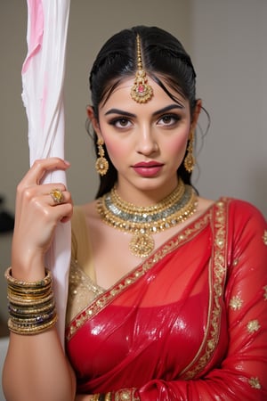 A wet soaked woman adorned in traditional very wet South Asian attire, possibly representing a bride or a bridesmaid. She is wearing a vibrant red saree with intricate gold embroidery and motifs. The saree is draped over her left shoulder, revealing a golden blouse underneath. She is accessorized with a multi-layered necklace, large earrings, and multiple bangles on her right wrist. A maang tikka, a traditional headpiece, rests on her forehead. The background is soft and blurred, emphasizing the woman as the central focus. Wet clothes clinging on her, wetness visible. Their clothes, hair, skin are completely soaking wet.  Their hair, clothes, and skin are completely wet, slimed with transparent gunge and both of their wet clothes cling to their skin. .. Shampoo in hair. Soap flowing through clothes. brown eyes, small earring in right ear, very long eyelashes, sensual lips, provocative but conservative expression. They are completely doused in water and transparent slime. her hair is fully slimed and gunjed.

.The soft light illuminates the left side of the frame, casting a flattering glow on her serene expression.,Fetishwet,Wet,covered in oil,covered in mud,wam,wet clothes,wetlook,, the girl is completely doused with transparent slimes, ((Wet clothes, wet skin, wet hair, slimed clothes, slimed hair, slimled skin),Enhanced all