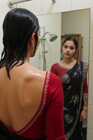 "Create an image featuring a tattooed, blonde-haired Caucasian wet women in her 20s with blue eyes and short hair, who has just stepped out of the shower wearing a beautiful indian saree and blouse. She is slightly out of focus in the background. In the foreground, her beautiful soaking wet Japanese girlfriend is completely in focus, looking at her reflection in a fogged-up mirror. She has a slender frame and shoulder-length wet black hair styled in a bob cut with side-parted bangs. She is wearing wet black saree with white traditional embroidary design, full sleeve red bouse with pattened design, her wet hair clinging to her neck, while the man's reflection is visible in the misty mirror behind her.",Wet,covered in oil,covered in mud,wam,wet clothes,pouring oil,wetlook,pouring oil,Fetishwet