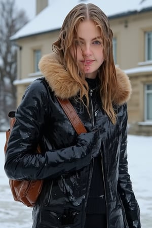 (wet clothes, wet hair, wet face, wet skin) ,

 Wet clothes. Wet hair, wet skin, slimy hair, slimy clothes


Captured at eye-level, a soaking wet blonde woman stands in a winter scene, her wet hair cascades over her shoulders. She is dressed in a wet black leather jacket, a brown wet leather backpack, and wet black gloves. Her wet coat is adorned with a brown fur hood, adding a touch of warmth to her wet outfit. The background is blurred, creating a stark contrast to the woman's wet outfit., 

4K, RAW, masterpiece, soakingwetclothes, high definition, luxury fashion photography, professional news studio atmosphere., Fetishwet,Enhanced all,Wetfetish