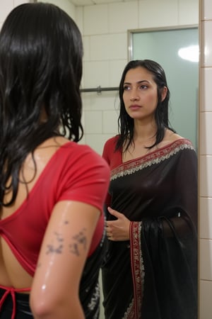 "Create an image featuring a tattooed, blonde-haired Caucasian wet women in her 20s with blue eyes and short hair, who has just stepped out of the shower. She is slightly out of focus in the background. In the foreground, her beautiful soaking wet Japanese girlfriend is completely in focus, looking at her reflection in a fogged-up mirror. She has a slender frame and shoulder-length wet black hair styled in a bob cut with side-parted bangs. She is wearing wet black saree with white traditional embroidary design, full sleeve red bouse with pattened design, her wet hair clinging to her neck, while the man's reflection is visible in the misty mirror behind her.",Wet,covered in oil,covered in mud,wam,wet clothes,pouring oil,wetlook,pouring oil,Fetishwet