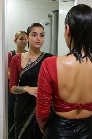 "Create an image featuring a tattooed, blonde-haired Caucasian wet women in her 20s with blue eyes and short hair, who has just stepped out of the shower wearing a beautiful indian saree and blouse. She is slightly out of focus in the background. In the foreground, her beautiful soaking wet Japanese girlfriend is completely in focus, looking at her reflection in a fogged-up mirror. She has a slender frame and shoulder-length wet black hair styled in a bob cut with side-parted bangs. She is wearing wet black saree with white traditional embroidary design, full sleeve red bouse with pattened design, her wet hair clinging to her neck, while the man's reflection is visible in the misty mirror behind her.",Wet,covered in oil,covered in mud,wam,wet clothes,pouring oil,wetlook,pouring oil,Fetishwet