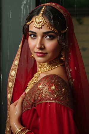 ((wet clothes, wet hair, wet face, wet skin, )), detailed soaking wet Norwegian woman in her 20s wearing wet slimy indian traditional bridal saree, traditional bridal vail, and jewelery , detailed wet slimy red traditional bridal saree, detailed gold jewelery , full body image . The soft light illuminates the left side of the frame, casting a flattering glow on her serene expression.,Fetishwet,Wet,covered in oil,covered in mud,wam,wet clothes,pouring oil,wetlook,pouring oil, the girl is completely doused with transparent slimes, 