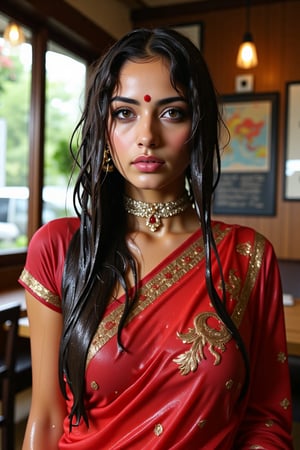 (wet clothes, wet hair, wet face, wet skin, wet curly hair) ,

 Wet clothes. Wet hair, wet skin, slimy hair, slimy clothes, wet saree


A hyperrealistic portrait of a beautiful  soaking wet Indian woman with long, wavy wet black hair in a coffee shop. The lady looks into the camera with a slightly open mouth and wears an Indian-style jeweled choker that hides her neck. She has striking brown almond-shaped eyes, framed by thick lashes, and radiant, flawless skin. Dressed in a wet soapy  silk saree with intricate gold embroidery, paired with a wet rich  blouse, she stands confidently in a poised fashion model stance. She also wears a matching shawl. She wears delicate gold jewelry and a traditional red bindi. The lighting is soft and natural, casting a warm glow and subtle shadows, enhancing her elegant attire. Shot in 8K, every detail is rendered with stunning clarity and depth.", "n": 1 award-winning photograph, by Boris Vallejo, Raphael, Caravaggio, Greg Rutkowski, Beeple, looking like Madhubala and Cleopatra. Beksinski, sun ray tracing, 8k, dslr, soft lighting, high quality, film grain, Fujifilm XT3 --ar 2:3 Negative Prompt: (long neck:2), (ugly face:0.8), cross-eyed, (worst quality:2), (low quality:2), (normal quality:2), lowres, normal quality, bad anatomy, tilted head, lowres, bad anatomy, bad hands, text, error, missing fingers, extra digit, fewer digits, missing fingers, missing arms, missing legs, extra digit, extra arms, low details, oversaturated, undersaturated, overexposed, underexposed, grayscale, bw, bad photo, bad photography, bad art:1.4), (watermark, signature, text font, username, error, logo, words, letters, digits, autograph, trademark

4K, RAW, masterpiece, soakingwetclothes, high definition, luxury fashion photography, professional news studio atmosphere., Fetishwet,Enhanced all,Wetfetish,covered in oil,covered in mud,wam,pouring oil,wetlook,pouring oil