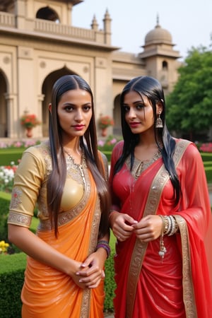 A photo of two beautiful soaking wet slimed Rajkumaries in a traditional Indian setting. Both of The wet Rajkumari is wearing different style wet  Rajasthani conservative bridal  saree with heavy embroidery paired with wet veils. They are standing in a lush garden with various flowers. The background contains a palace with intricate architecture and multiple domes. Their clothes, hair, skin are completely soaking wet.  Their hair, clothes, and skin are completely wet, slimed with transparent gunge and both of their wet clothes cling to their skin. .. Shampoo in hair. Soap flowing through clothes. brown eyes, small earring in right ear, very long eyelashes, sensual lips, provocative but conservative expression. They are completely doused in water and transparent slime. her hair is fully slimed and gunjed.

.The soft light illuminates the left side of the frame, casting a flattering glow on her serene expression.,Fetishwet,Wet,covered in oil,covered in mud,wam,wet clothes,pouring oil,wetlook,pouring oil, the girl is completely doused with transparent slimes, ((Wet clothes, wet skin, wet hair, slimed clothes, slimed hair, slimled skin)