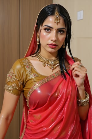 A wet soaked woman adorned in traditional very wet South Asian attire, possibly representing a bride or a bridesmaid. She is wearing a vibrant red saree with intricate gold embroidery and motifs. The saree is draped over her left shoulder, revealing a golden blouse underneath. She is accessorized with a multi-layered necklace, large earrings, and multiple bangles on her right wrist. A maang tikka, a traditional headpiece, rests on her forehead. The background is soft and blurred, emphasizing the woman as the central focus. Wet clothes clinging on her, wetness visible. Their clothes, hair, skin are completely soaking wet.  Their hair, clothes, and skin are completely wet, slimed with transparent gunge and both of their wet clothes cling to their skin. .. Shampoo in hair. Soap flowing through clothes. brown eyes, small earring in right ear, very long eyelashes, sensual lips, provocative but conservative expression. They are completely doused in water and transparent slime. her hair is fully slimed and gunjed.

.The soft light illuminates the left side of the frame, casting a flattering glow on her serene expression.,Fetishwet,Wet,covered in oil,covered in mud,wam,wet clothes,wetlook,, the girl is completely doused with transparent slimes, ((Wet clothes, wet skin, wet hair, slimed clothes, slimed hair, slimled skin),Enhanced all