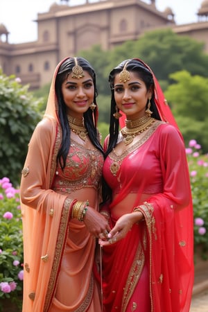 A photo of two beautiful soaking wet slimed Rajkumaries in a traditional Indian setting. Both of The wet Rajkumari is wearing different style wet  Rajasthani conservative bridal  saree with heavy embroidery paired with wet veils. They are standing in a lush garden with various flowers. The background contains a palace with intricate architecture and multiple domes. Their clothes, hair, skin are completely soaking wet.  Their hair, clothes, and skin are completely wet, slimed with transparent gunge and both of their wet clothes cling to their skin. .. Shampoo in hair. Soap flowing through clothes. brown eyes, small earring in right ear, very long eyelashes, sensual lips, provocative but conservative expression. They are completely doused in water and transparent slime. her hair is fully slimed and gunjed.

.The soft light illuminates the left side of the frame, casting a flattering glow on her serene expression.,Fetishwet,Wet,covered in oil,covered in mud,wam,wet clothes,pouring oil,wetlook,pouring oil, the girl is completely doused with transparent slimes, ((Wet clothes, wet skin, wet hair, slimed clothes, slimed hair, slimled skin)