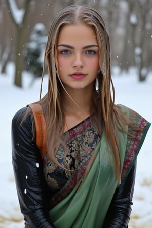 (wet clothes, wet hair, wet face, wet skin) ,

 Wet clothes. Wet hair, wet skin, slimy hair, slimy clothes, wet saree


Captured at eye-level, a soaking wet blonde woman stands in a winter scene, her wet hair cascades over her shoulders. She is dressed in Wet traditional saree (embroidary design) adorned with embroidery design  , a brown wet leather backpack, and wet black gloves. Her wet saree is adorned with a brown shawl, adding a touch of warmth to her wet outfit. The background is blurred, creating a stark contrast to the woman's wet outfit., 

4K, RAW, masterpiece, soakingwetclothes, high definition, luxury fashion photography, professional news studio atmosphere., Fetishwet,Enhanced all,Wetfetish