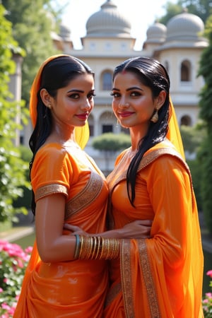 A photo of two beautiful soaking wet slimed Rajkumaries in a traditional Indian setting. Both of The wet Rajkumari is wearing different style wet  Rajasthani conservative bridal  saree with heavy embroidery paired with wet veils. They are standing in a lush garden with various flowers. The background contains a palace with intricate architecture and multiple domes. Their clothes, hair, skin are completely soaking wet.  Their hair, clothes, and skin are completely wet, slimed with transparent gunge and both of their wet clothes cling to their skin. .. Shampoo in hair. Soap flowing through clothes. brown eyes, small earring in right ear, very long eyelashes, sensual lips, provocative but conservative expression. They are completely doused in water and transparent slime. her hair is fully slimed and gunjed.

.The soft light illuminates the left side of the frame, casting a flattering glow on her serene expression.,Fetishwet,Wet,covered in oil,covered in mud,wam,wet clothes,pouring oil,wetlook,pouring oil, the girl is completely doused with transparent slimes, ((Wet clothes, wet skin, wet hair, slimed clothes, slimed hair, slimled skin)