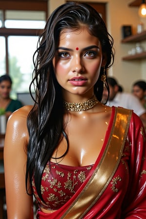 (wet clothes, wet hair, wet face, wet skin, wet curly hair) ,

 Wet clothes. Wet hair, wet skin, slimy hair, slimy clothes, wet saree


A hyperrealistic portrait of a beautiful  soaking wet Indian woman with long, wavy wet black hair in a coffee shop. The lady looks into the camera with a slightly open mouth and wears an Indian-style jeweled choker that hides her neck. She has striking brown almond-shaped eyes, framed by thick lashes, and radiant, flawless skin. Dressed in a wet soapy  silk saree with intricate gold embroidery, paired with a wet rich  blouse, she stands confidently in a poised fashion model stance. She also wears a matching shawl. She wears delicate gold jewelry and a traditional red bindi. The lighting is soft and natural, casting a warm glow and subtle shadows, enhancing her elegant attire. Shot in 8K, every detail is rendered with stunning clarity and depth.", "n": 1 award-winning photograph, by Boris Vallejo, Raphael, Caravaggio, Greg Rutkowski, Beeple, looking like Madhubala and Cleopatra. Beksinski, sun ray tracing, 8k, dslr, soft lighting, high quality, film grain, Fujifilm XT3 --ar 2:3 Negative Prompt: (long neck:2), (ugly face:0.8), cross-eyed, (worst quality:2), (low quality:2), (normal quality:2), lowres, normal quality, bad anatomy, tilted head, lowres, bad anatomy, bad hands, text, error, missing fingers, extra digit, fewer digits, missing fingers, missing arms, missing legs, extra digit, extra arms, low details, oversaturated, undersaturated, overexposed, underexposed, grayscale, bw, bad photo, bad photography, bad art:1.4), (watermark, signature, text font, username, error, logo, words, letters, digits, autograph, trademark

4K, RAW, masterpiece, soakingwetclothes, high definition, luxury fashion photography, professional news studio atmosphere., Fetishwet,Enhanced all,Wetfetish,covered in oil,covered in mud,wam,pouring oil,wetlook,pouring oil