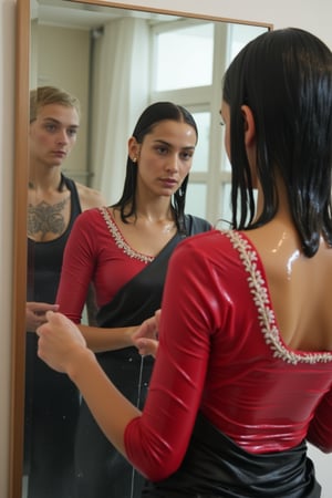 "Create an image featuring a tattooed, blonde-haired Caucasian wet women in her 20s with blue eyes and short hair, who has just stepped out of the shower. She is slightly out of focus in the background. In the foreground, her beautiful soaking wet Japanese girlfriend is completely in focus, looking at her reflection in a fogged-up mirror. She has a slender frame and shoulder-length wet black hair styled in a bob cut with side-parted bangs. She is wearing wet black saree with white traditional embroidary design, full sleeve red bouse with pattened design, her wet hair clinging to her neck, while the man's reflection is visible in the misty mirror behind her.",Wet,covered in oil,covered in mud,wam,wet clothes,pouring oil,wetlook,pouring oil,Fetishwet