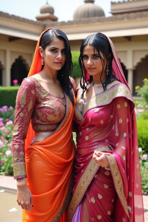 A photo of two beautiful soaking wet slimed Rajkumaries in a traditional Indian setting. Both of The wet Rajkumari is wearing different style wet  Rajasthani conservative bridal  saree with heavy embroidery paired with wet veils. They are standing in a lush garden with various flowers. The background contains a palace with intricate architecture and multiple domes. Their clothes, hair, skin are completely soaking wet.  Their hair, clothes, and skin are completely wet, slimed with transparent gunge and both of their wet clothes cling to their skin. .. Shampoo in hair. Soap flowing through clothes. brown eyes, small earring in right ear, very long eyelashes, sensual lips, provocative but conservative expression. They are completely doused in water and transparent slime. her hair is fully slimed and gunjed.

.The soft light illuminates the left side of the frame, casting a flattering glow on her serene expression.,Fetishwet,Wet,covered in oil,covered in mud,wam,wet clothes,pouring oil,wetlook,pouring oil, the girl is completely doused with transparent slimes, ((Wet clothes, wet skin, wet hair, slimed clothes, slimed hair, slimled skin)